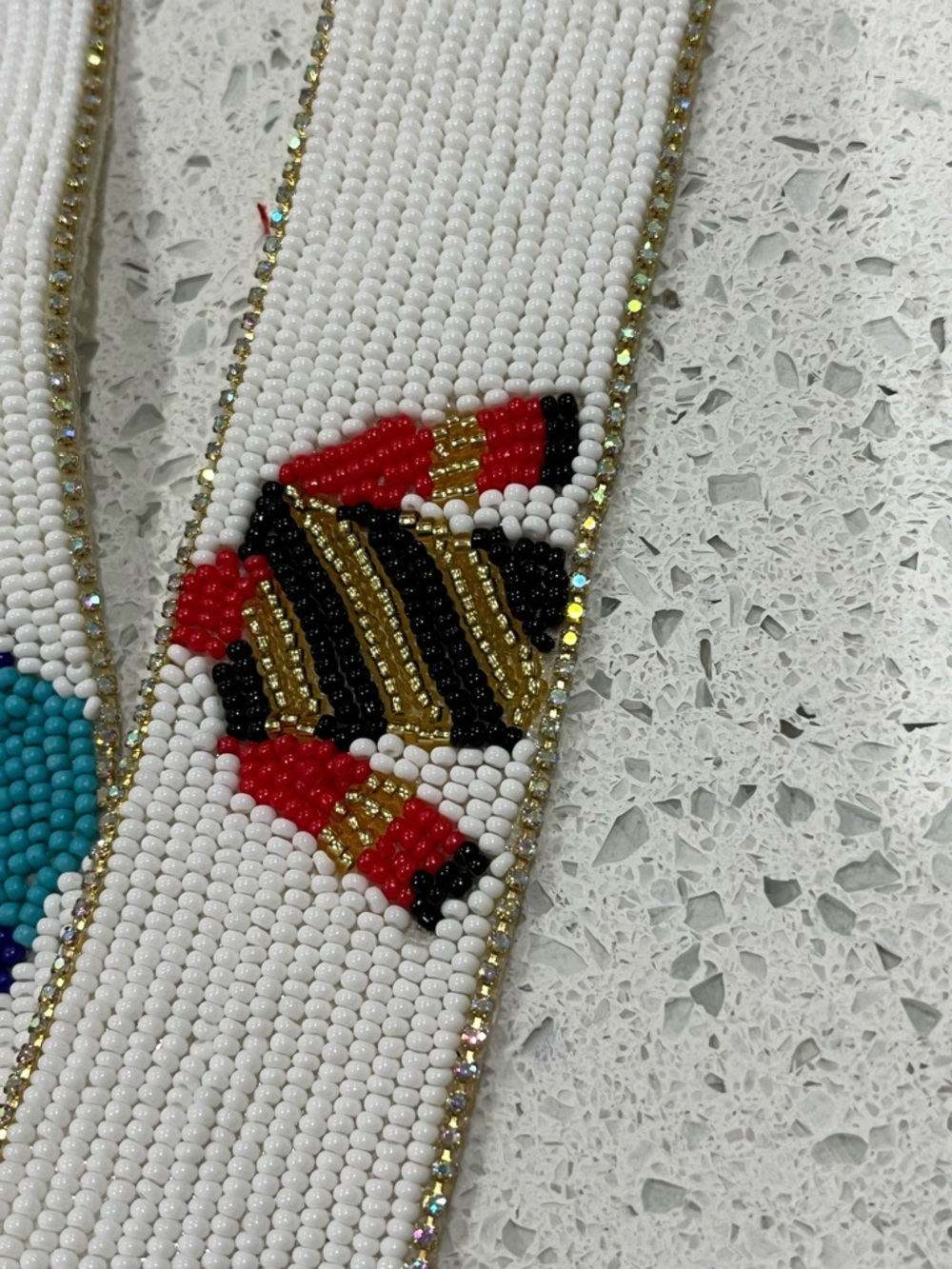 Beaded Purse Strap CrossbodyJockey Jersey Seed Bead/Rhinestone Gold Hardware 49" - Picture 5 of 6